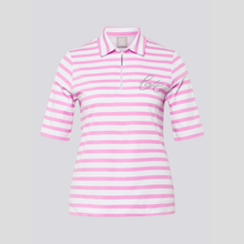 Load image into Gallery viewer, Pink and white striped polo shirt on a light gray background