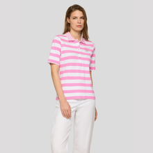 Load image into Gallery viewer, Woman wearing a pink and white striped polo shirt against a gray background