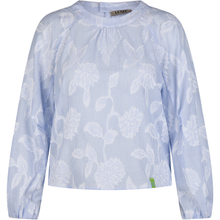 Load image into Gallery viewer, Light blue long-sleeve shirt with white floral pattern on a white background