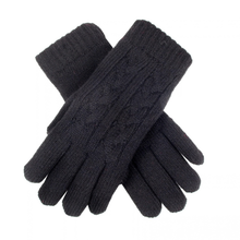 Load image into Gallery viewer, A pair of dark charcoal gray cable-knit gloves, crossed over each other on a solid white background.