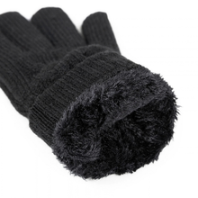 Load image into Gallery viewer, Black knit winter gloves with a plush faux-fur cuff, shown on a plain white background.