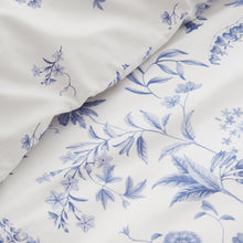 Load image into Gallery viewer, White fabric with blue floral pattern