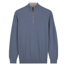 Load image into Gallery viewer, Blue sweater with a quarter zip on a white background