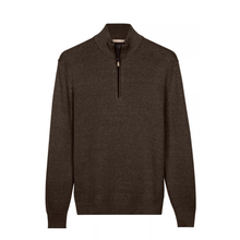 Load image into Gallery viewer, A dark brown heathered knit quarter-zip sweater with a mock neck collar, displayed on a clean white background.