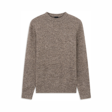 Load image into Gallery viewer, A long-sleeve crewneck knit sweater in a heathered taupe-brown color, presented flat against a solid white background.