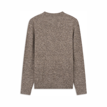 Load image into Gallery viewer, A textured knit crewneck sweater in a heathered taupe-brown color, shown from the back on a plain white background.