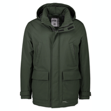 Load image into Gallery viewer, An olive green hooded jacket with a full front zipper, four front flap pockets, and adjustable cuffs, shown against a plain white background.