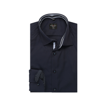 Load image into Gallery viewer, A folded dark navy dress shirt with a patterned inner collar and cuff, featuring a button-down front and a visible 'MAX KUS' brand label inside the collar, set against a plain white background.