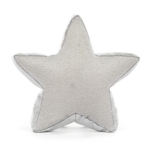 Load image into Gallery viewer, A star-shaped decorative throw pillow in a textured silver-gray fabric, shown against a plain white background.