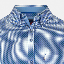 Load image into Gallery viewer, Blue checkered shirt with collar detail on a light gray background