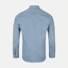 Load image into Gallery viewer, Blue patterned shirt on a light gray background