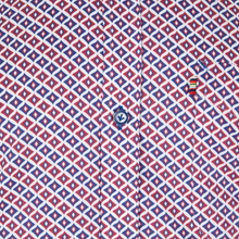 Load image into Gallery viewer, Close-up of a patterned shirt with red, blue, and white geometric design.