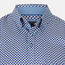 Load image into Gallery viewer, Close-up of a blue and white checkered polo shirt with patterned collar