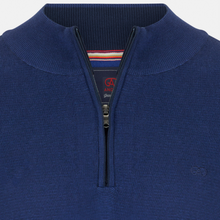 Load image into Gallery viewer, Close-up of a blue sweater with a zipper on a white background