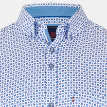 Load image into Gallery viewer, White shirt with blue geometric pattern and brand label on collar