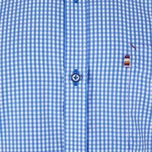 Load image into Gallery viewer, Blue and white checkered shirt with a colorful logo on the chest pocket.