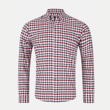 Load image into Gallery viewer, Red and white checkered shirt on a light gray background
