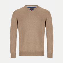 Load image into Gallery viewer, Beige sweater with a brand logo on a light gray background