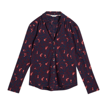 Load image into Gallery viewer, Navy blue shirt with red pattern on a white background