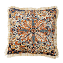 Load image into Gallery viewer, Decorative pillow with intricate pattern and fringes on a white background