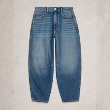 Load image into Gallery viewer, Front view of White Stuff Aubrey Barrel Leg Jean, in Light denim, with a grey background.