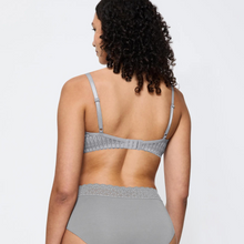Load image into Gallery viewer, Woman wearing a gray bra and underwear set on a light gray background