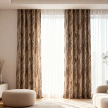 Load image into Gallery viewer, Brown striped curtains in a room with a light interior design.