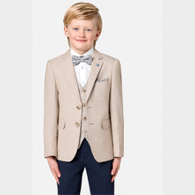 Load image into Gallery viewer, Young boy wearing a beige blazer, white shirt, and bow tie on a light gray background
