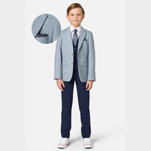Load image into Gallery viewer, Young boy wearing a gray checkered blazer and navy pants with a white shirt and patterned tie on a light blue background.