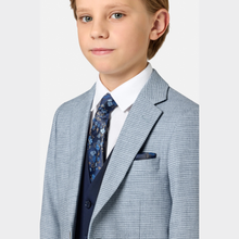 Load image into Gallery viewer, Young boy wearing a light blue checkered suit with a white shirt and patterned tie on a light gray background