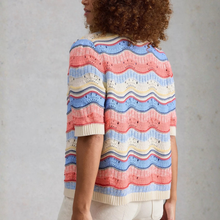 Load image into Gallery viewer, Person wearing a colorful striped sweater against a plain background