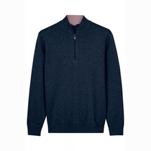 Load image into Gallery viewer, A dark navy blue heathered quarter-zip pullover sweater displayed on a headless mannequin torso against a plain white background.