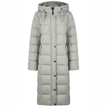 Load image into Gallery viewer, Long gray puffer coat with a hood on a white background