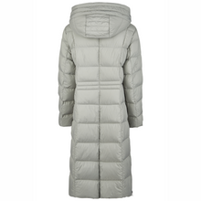 Load image into Gallery viewer, Long light gray puffer coat with a hood on a white background