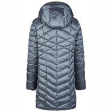 Load image into Gallery viewer, Blue quilted jacket with a hood on a white background