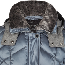 Load image into Gallery viewer, Gray quilted jacket with fur collar on a white background