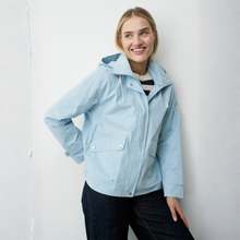 Load image into Gallery viewer, Model in blue jacket with Navy trouser and stripe top