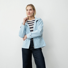 Load image into Gallery viewer, Model in blue jacket with Navy trouser and stripe top