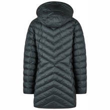 Load image into Gallery viewer, Dark gray quilted jacket with a hood on a white background