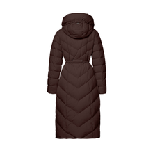 Load image into Gallery viewer, A dark brown hooded puffer coat with a belted waist, shown from the back on a plain white background.