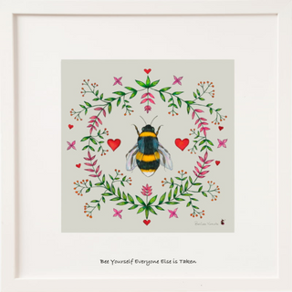Bumble bee surrounded with flora ring and two hearts with the quote at the bottom of the print.