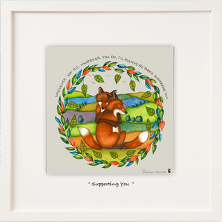 Leaf ring surrounding a country scene and two foxes hugging with the quotation over the top in a semi-circle