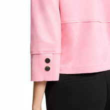 Load image into Gallery viewer, Close up of fabric and buttons on Betty Barclay in Sea Pink 3/4 sleeve Blazer, with white background.
