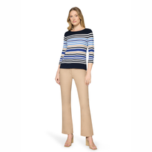 Load image into Gallery viewer, Full view shot of model wearing Betty Barclay 3/4 sleeve Stripy Top, with a white background.