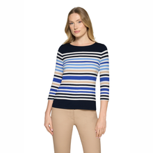 Load image into Gallery viewer, shot of model wearing Betty Barclay 3/4 sleeve Stripy Top, with a white background.