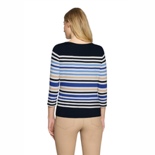 Load image into Gallery viewer, Back view shot of model wearing Betty Barclay 3/4 sleeve Stripy Top, with a white background.