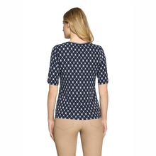 Load image into Gallery viewer, Back view of model wearing Betty Barclay Dark Blue-Cream 1/2 sleeve Top, with a white background.