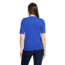 Load image into Gallery viewer, Back view of Model wearing Betty Barclay Knitted Top in Adria Blue, with a white background.
