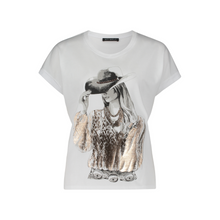 Load image into Gallery viewer, White t-shirt with graphic design of a person wearing a hat and scarf on a white background