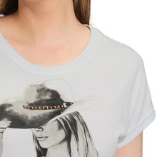 Load image into Gallery viewer, White t-shirt with a graphic of a woman wearing a hat on a white background